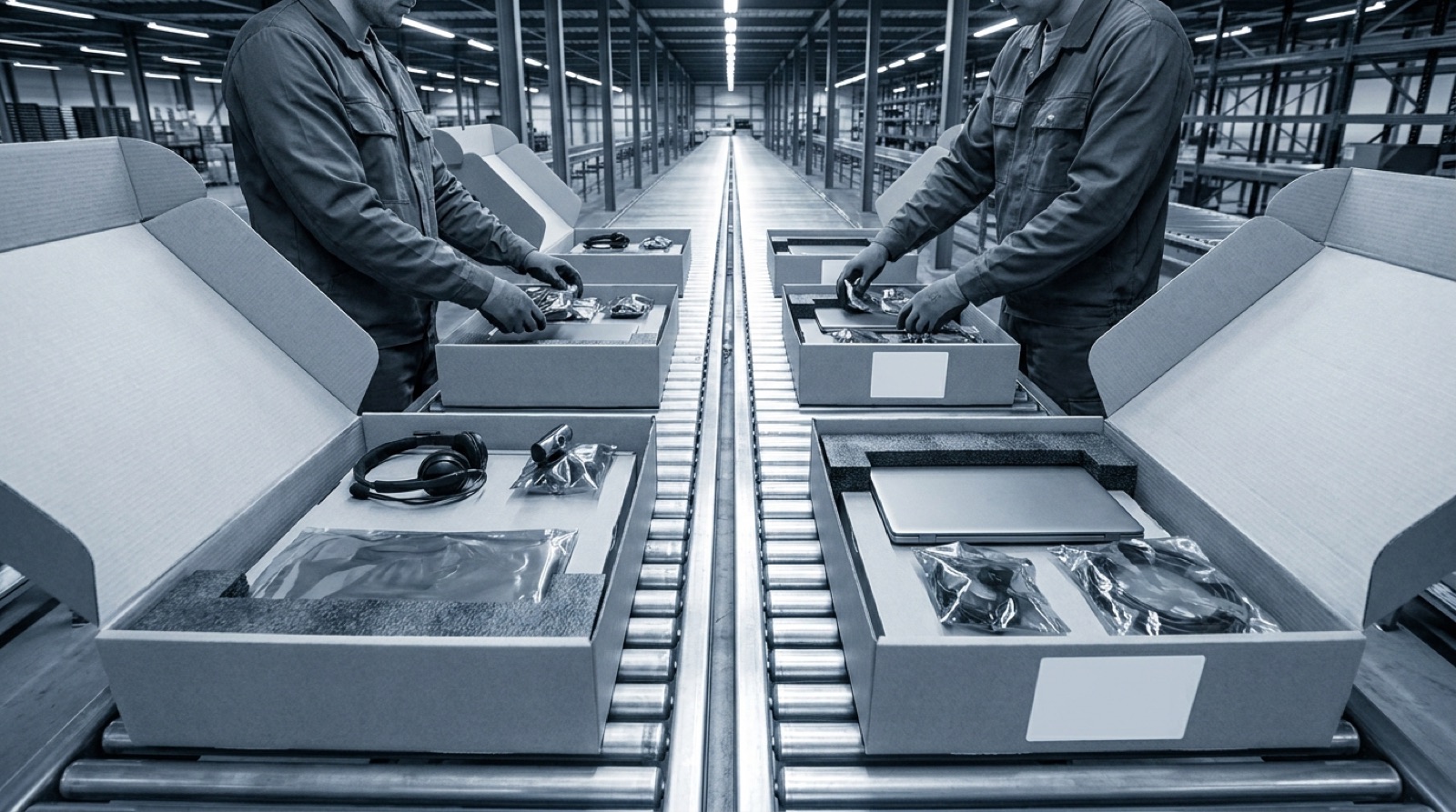 Kits being packed on a conveyor line