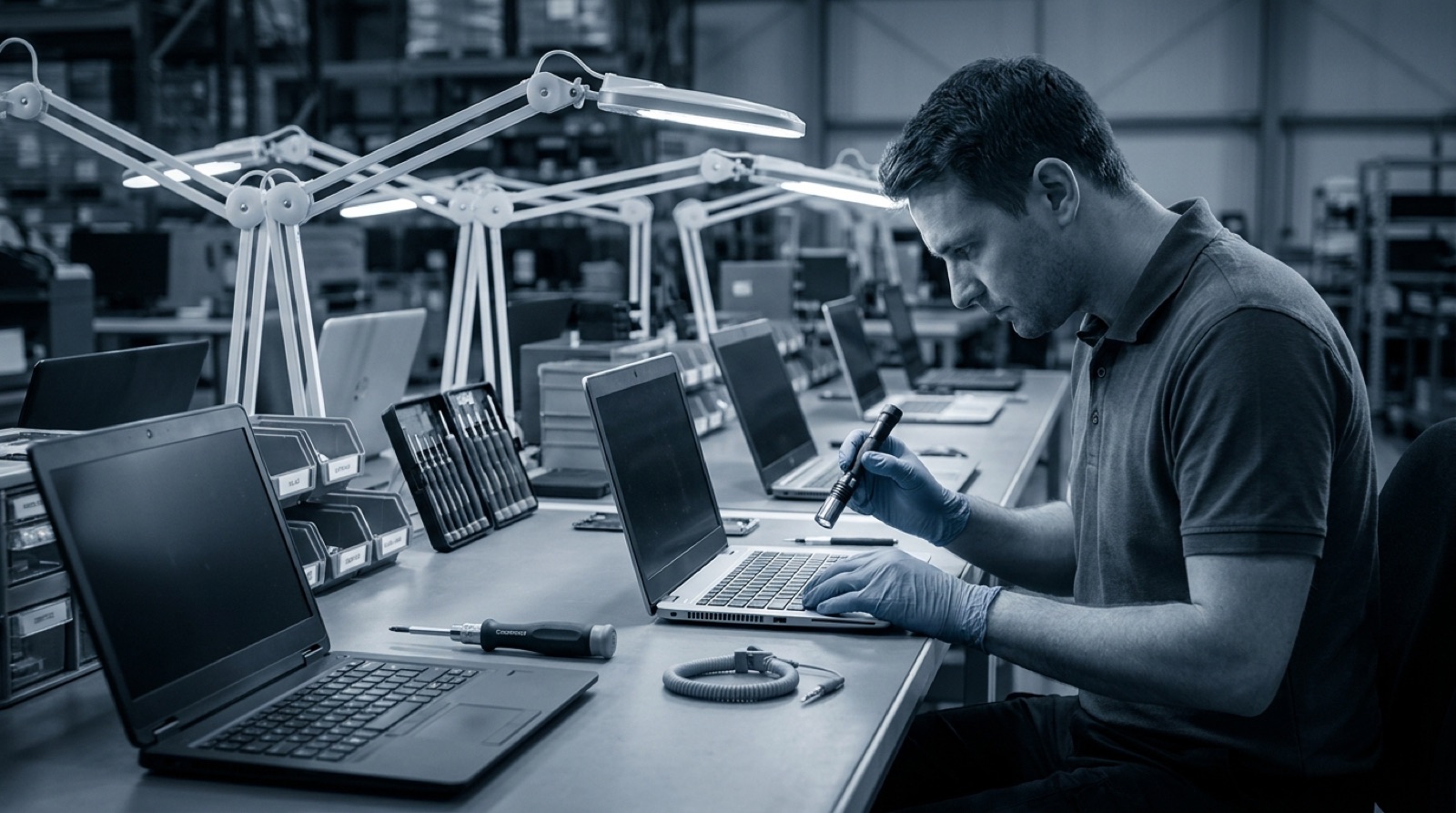 Technician inspecting a laptop at a diagnostics bench